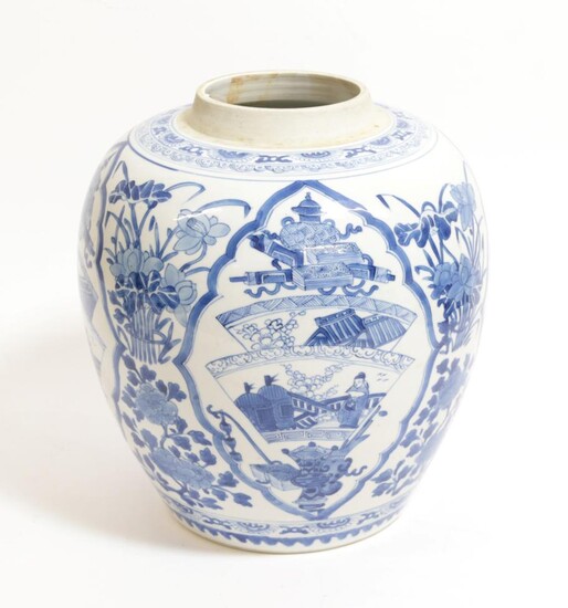 A Chinese Porcelain Ovoid Jar, Kangxi, painted in underglaze blue with fan shaped panels of...