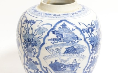 A Chinese Porcelain Ovoid Jar, Kangxi, painted in underglaze blue...