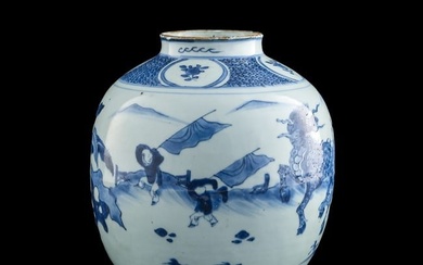 A Chinese blue and white 'children playing' and 'qilin' jar, 17th century