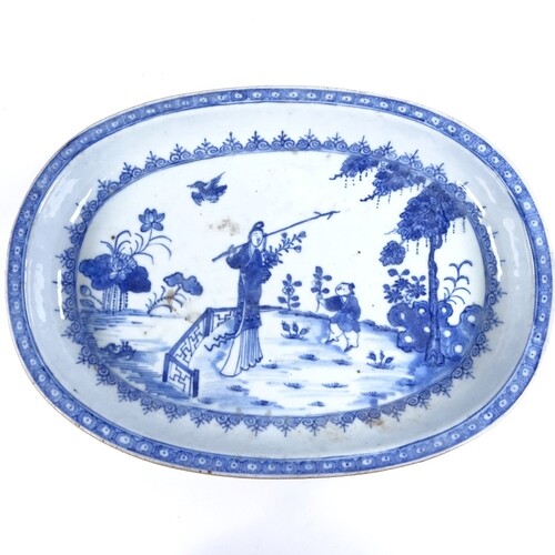A Chinese blue and white porcelain oval bowl, hand painted d...