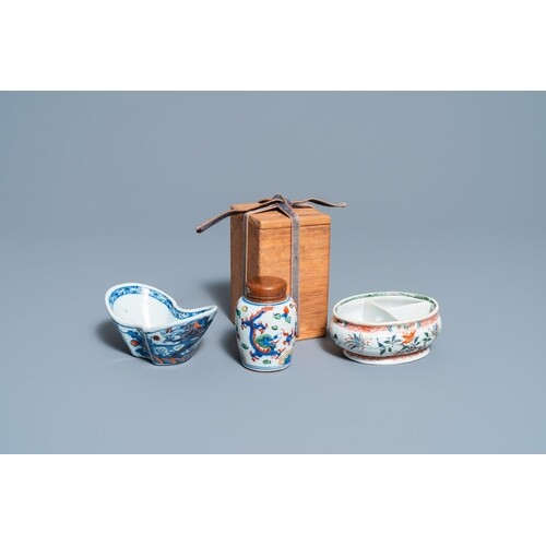A Chinese doucai bowl, a famille verte spice box and a wucai...