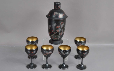 A Chinese lacquer Art Deco era cocktail set with a cocktail shaker and six matching goblets