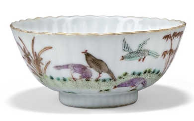 A Chinese porcelain famille rose fluted 'chicken' bowl, Daoguang period, painted with four chickens to the exterior, unmarked, 12cm diameter Provenance: From the collection of an important Greek shipping family