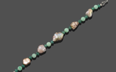 A Baroque Pearl, Emerald and Jade Bracelet, spherical emerald beads...