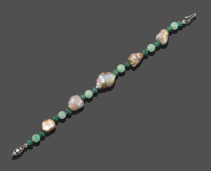 A Baroque Pearl, Emerald and Jade Bracelet, spherical emerald beads...