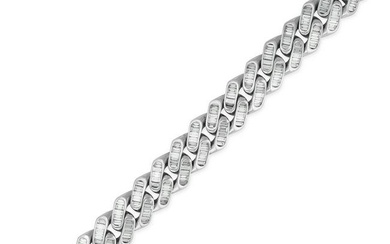 A DIAMOND CURB LINK BRACELET in 18ct white gold, comprising a row of curb links set with baguette...