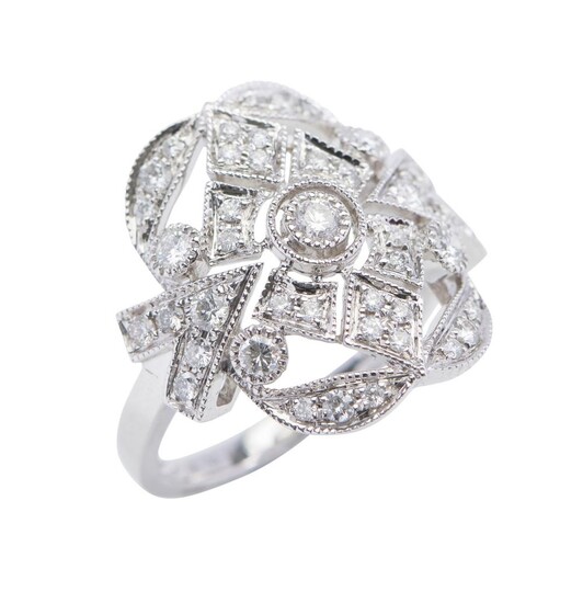 A DIAMOND RING - Of Art Deco style, the pierced plaque set with round brilliant cut diamonds totalling 0.63cts, in millegrain decora...