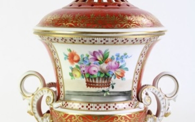 A Dresden Porcelain Twin-Handled Lidded Urn with a floral motif (total H39cm)