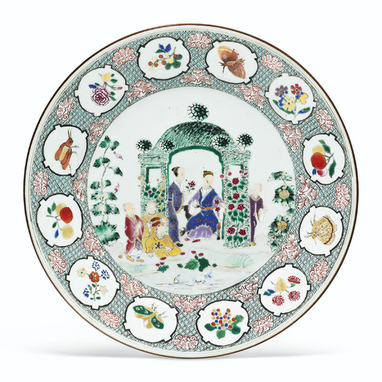 A FAMILLE ROSE 'PRONK ARBOR' LARGE PLATE, QIANLONG PERIOD, CIRCA 1738
