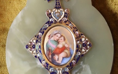 A FRENCH ONYX AND CHAMPLEVE ENAMEL HOLY WATER FONT