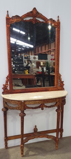 A FRENCH STYLE MARBLE TOP MIRRORED CONSOLE