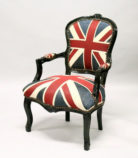 A FRENCH STYLE OPEN ARMCHAIR, upholstered with a Union