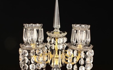 A Fine Cut Crystal & Gilt Brass Twin Branch Candelabra with a hexagonal spire finial to the centre r
