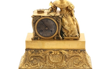 A French gilt bronze mantel clock, surmounted by Madame de Sévigné. C. 1840. H. 35 cm.