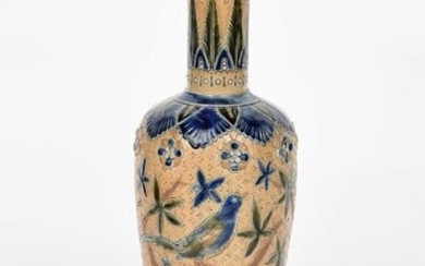 A Fulham Pottery stoneware vase, slender baluster form, incised with a bird perched on a tree bough, with applied flowers and flowerheads, in shades of blue, green and brown on a buff ground, incised Fulham, EB monogram, repaired chip to foot, 41.5cm...