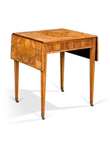 A GEORGE III SYCAMORE, SATINWOOD AND FRUITWOOD MARQUETRY PEMBROKE TABLE