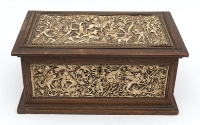 A GERMAN BOX WITH MYTHICAL SCENES DECORATED TO LID AND SIDES, SIGNED M.A. REISSMANN/MUNCHEN, 15CM H X 34CM W X 20.5CM D