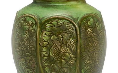 A GREEN-GLAZED CARVED 'BOYS' JAR MING DYNASTY | 明 綠釉八方開光童子花卉紋罐