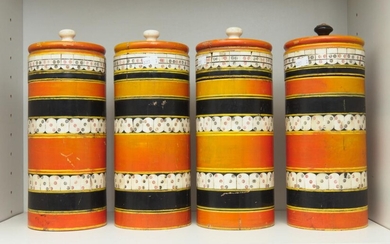 A GROUP OF FOUR TURNED WOOD BONE INLAY CANNISTERS (A/F)