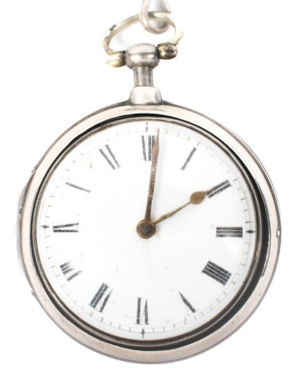 A George III silver pair cased open faced pocket watch with silver albert chain