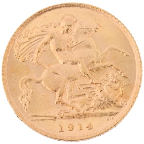 A George V 1914 gold half sovereign coin, 3.9g