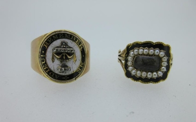 A Georgian diamond and enamel memorial ring and a