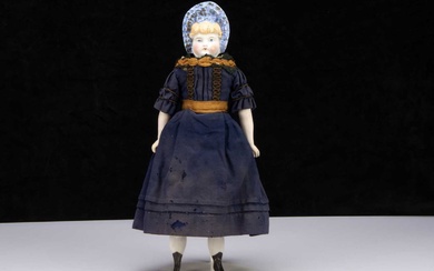 A German bisque shoulder-head doll with moulded bonnet