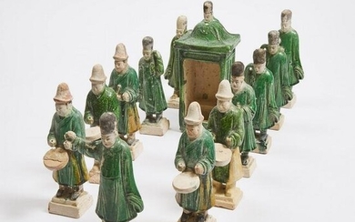 A Group of Thirteen Green-Glazed Pottery Figures and a