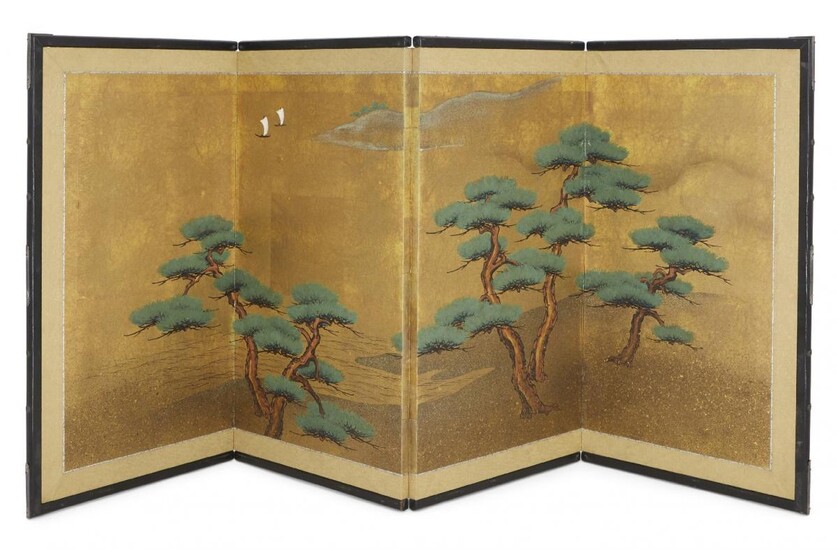 A Japanese four panel screen, ink and colour on paper, 19th century, depicting a seascape with boats sailing, and pine trees in the foreground, 120 x 55cm