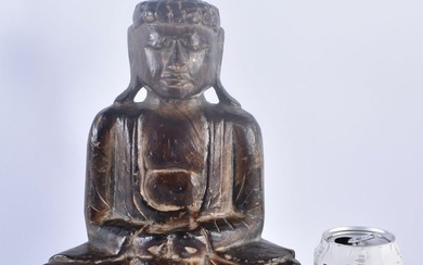 A LARGE 19TH CENTURY SOUTH EAST ASIAN LACQUERED WOOD BUDDHA modelled upon a lotus base. 34 cm x 18cm