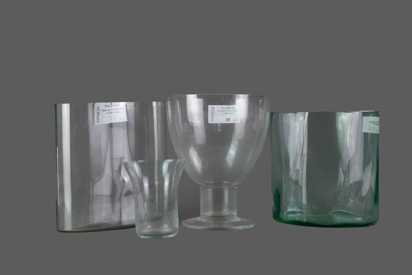 A LOT OF THREE GLASS VASES ALONG WITH A PEDESTAL BOWL