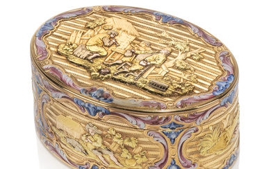 A LOUIS XV ENAMELLED FOUR-COLOUR GOLD SNUFF BOX MAKERS’ MARK JLD, MARKED PARIS, 1757/58, WITH THE CHARGE, DECHARGE AND CONTREMARQUE MARKS OF ÉLOY BRICHARD 1756-1762, INVENTORY NUMBER 140 ENGRAVED ON FLANGE