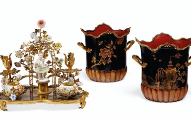 A LOUIS XV ORMOLU-MOUNTED LACQUER, MEISSEN AND FRENCH PORCELAIN ENCRIER, AND A PAIR OF FRENCH ORMOLU AND POLYCRHOME TOLE PEINTE CACHE POTS, THE ENCRIER MID-18TH CENTURY, THE CACHE POTS 19TH CENTURY