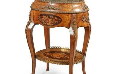 A LOUIS XV STYLE WALNUT, MARQUETRY AND GILT METAL