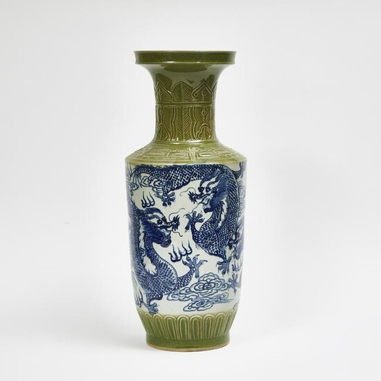 A Large Green Ground Blue and White ‘Dragon’ Vase