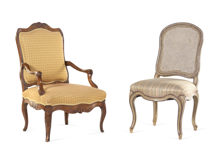 A Louis XV Style Painted Side Chair and a Régence Style Oak Fauteuil