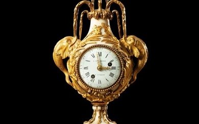 A Louis XVI gilt-bronze marble clock, circa 1780, after a model designed by Brècourt in 1775 | Pendule en marbre et bronze doré d'époque Louis XVI, vers 1780, d'après un modèle réalisé en 1775 par le Bronzier Brécourt