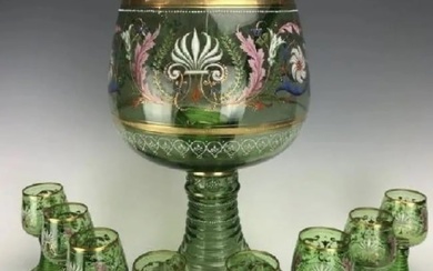A MAGNIFICENT 19TH C. ENAMELLED MOSER PUNCH BOWL SET