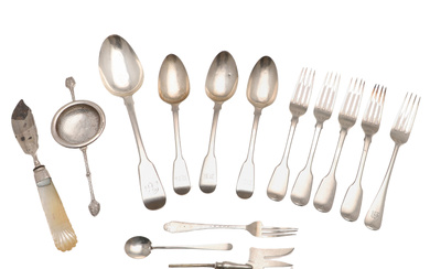 A MIXED LOT OF 19TH CENTURY AND LATER SILVER FLATWARE AND OTHERS.