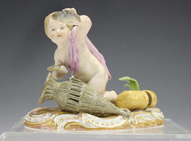 A Meissen figure emblematic of Water, late 19th century, modelled after Kändler as a putto hold