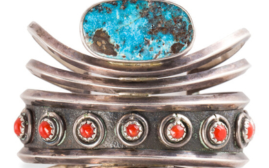 A Native American turquoise, coral and sterling silver cuff bracelet, Loren Phillips Hopi