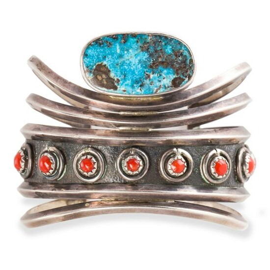 A Native American turquoise, coral and sterling silver