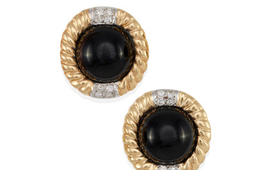 A PAIR OF 14K BI-COLOR GOLD, ONYX AND DIAMOND EARCLIPS