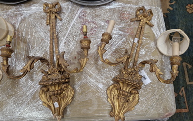 A PAIR OF 19th C. GILT GESSO AND WOOD TWO BRANCH GIRANDOLES, NOW WITH CANDLE LIGHT SOCKETS, THE ARMS