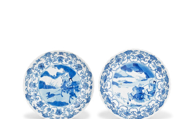 A PAIR OF BLUE AND WHITE HUNTING-SCENE DISHES Chenghua six-character...