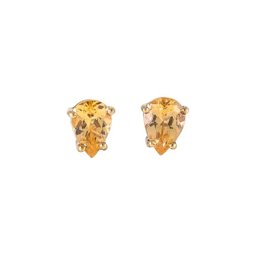 A PAIR OF CITRINE STUD EARRINGS, pear shaped, mounted in gol...