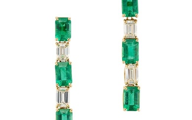 A PAIR OF EMERALD AND DIAMOND DROP EARRINGS each comprising a row of alternating octagonal step cut