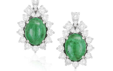 A PAIR OF EMERALD AND DIAMOND EARRINGS