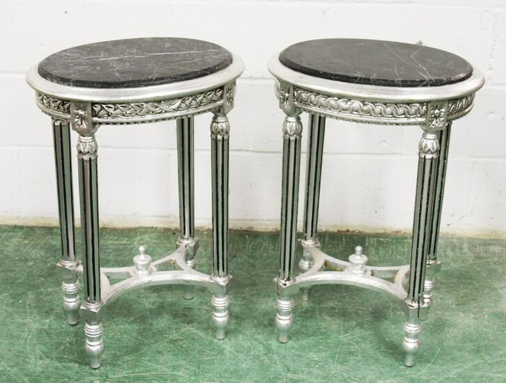 A PAIR OF FRENCH STYLE SILVERED WOOD AND MARBLE TOP