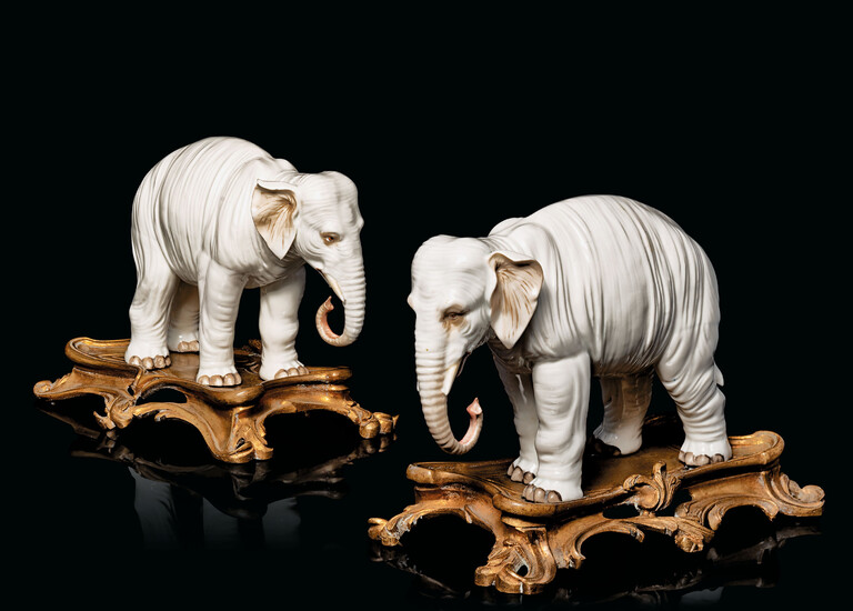 A PAIR OF GILT-METAL-MOUNTED CONTINENTAL PORCELAIN MODELS OF ELEPHANTS, LATE 19TH CENTURY, PROBABLY SAMSON